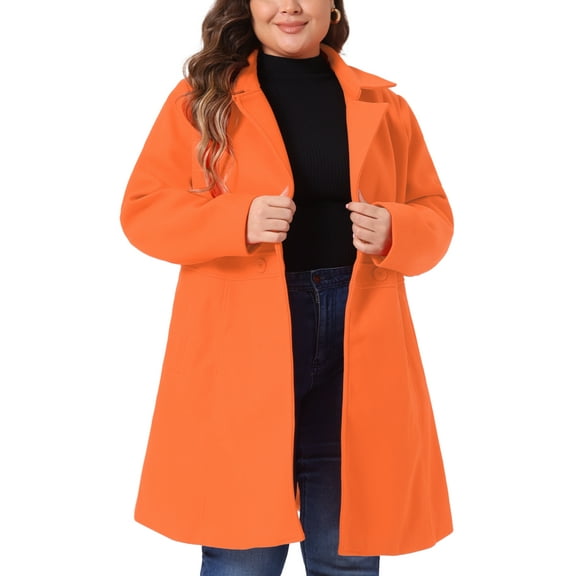 Agnes Orinda Women's Plus Size Winter Coats Notched Lapel Single Breasted Outerwear Elegant Long Trench Coat with Pocket 4X Orange