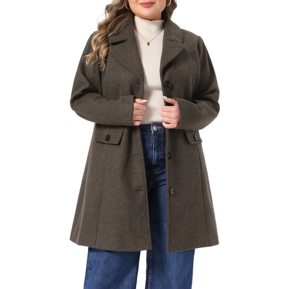 Agnes Orinda Women's Plus Size Pea Coat Lapel Collar Single Breasted Trench Fall Winter Mid‑Length Overcoat with Pockets 1X Coffee