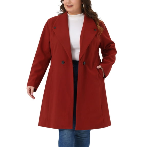 Agnes Orinda Women's Plus Size Winter Coats Single Breasted Lapel Belted Midi Pea Coats with Pocket 1X Dark Red