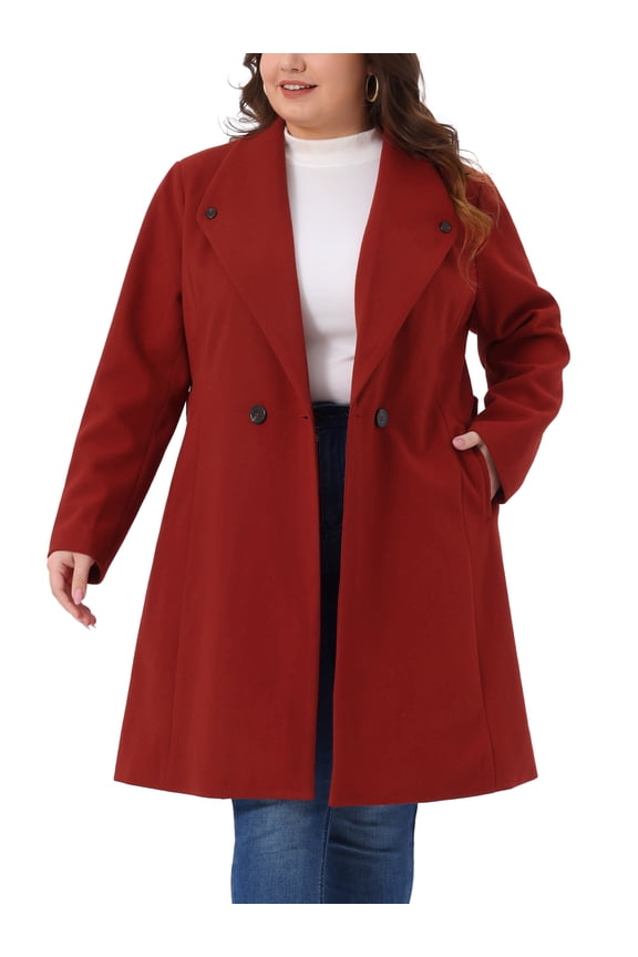 Women's Plus Size Winter Coats Single Breasted Lapel Belted Midi Pea Coats with Pocket 2X Dark Red