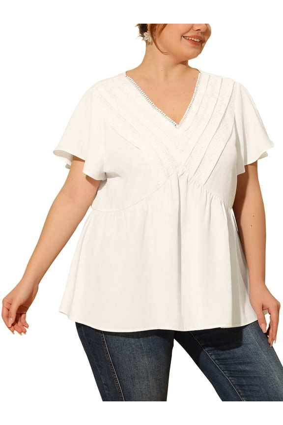 Plus Size Women V Neck Flare Sleeve Ruffle Peplum Wrap Blouse Top
