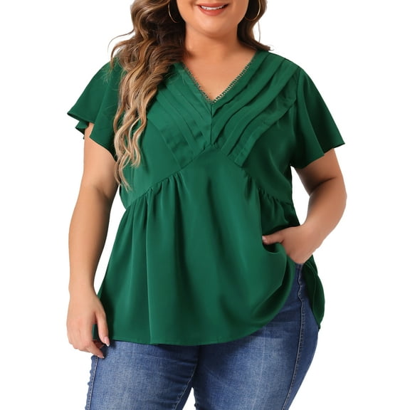 Agnes Orinda Plus Size Women V Neck Flare Sleeve Ruffle Peplum Wrap Blouse Top