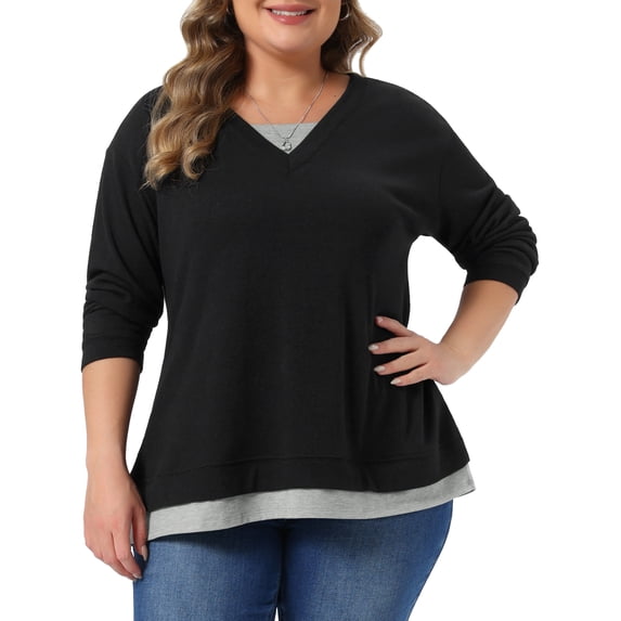 Agnes Orinda Women's Plus Size Halloween Outfits Blouse Color Block V Neck Long Sleeve Pullover Soft Casual Tunic Tops 2X Black