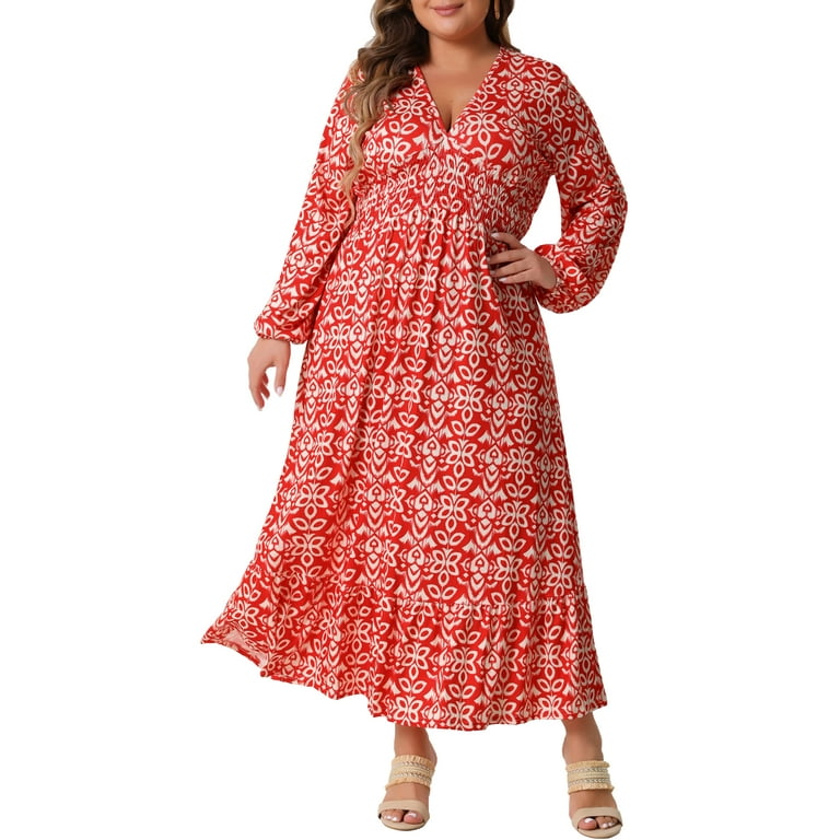 Women's V-Neck Printed Long Sleeve Loose Dresses Women's V-Neck Printed Long Sleeve Loose Dresses