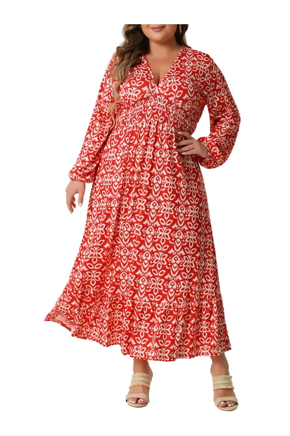 Plus Size Women's Boho Dresses Floral Print Deep V Neck Waist Wrap Long Sleeve Loose Maxi Dress
