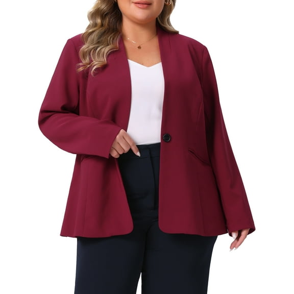 Agnes Orinda Women's Plus Size Blazer Button Down Collarless Long Sleeve Business Casual Jacket with Pockets 1X Burgundy
