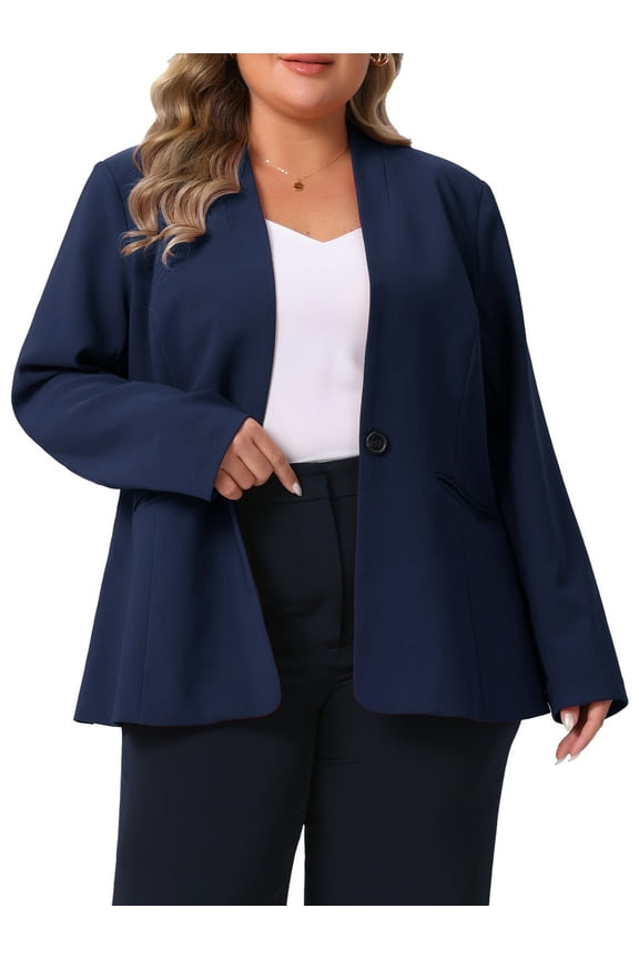Women's Plus Size Blazer Button Down Collarless Long Sleeve Business Casual Jacket with Pockets 1X Navy Blue