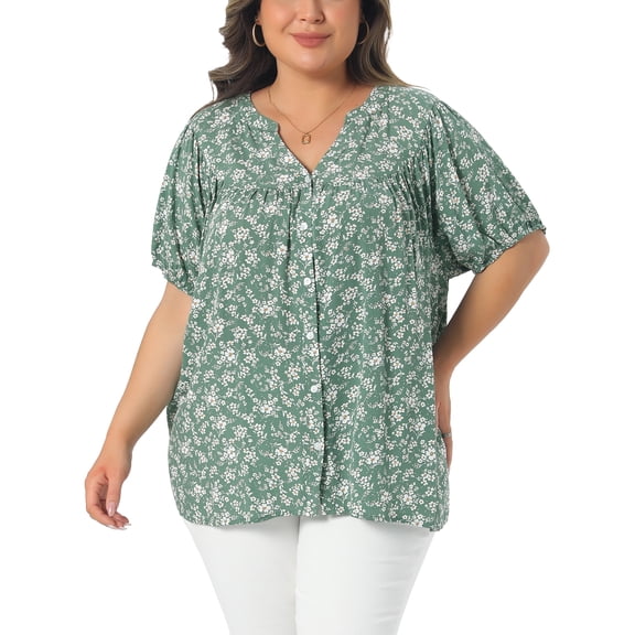 Agnes Orinda Women's Plus Size Button Down Shirts Floral V Neck Short Sleeve Tops Pleated Casual Summer Blouses 4X Green