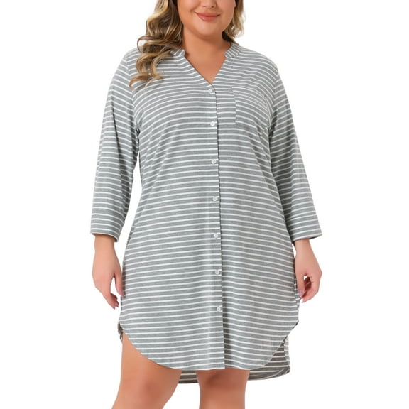 Agnes Orinda Women's Plus Size Sleepshirt Stripe Button Down V Neck 3/4 Sleeve Soft Pajamas Dress Lounge Nightdress with Pocket 3X Gray
