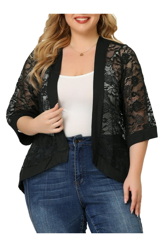Women's Plus Size Valentines Day Lace Crochet Cardigan Casual 3/4 Sleeves Sheer Lightweight Summer Cover Up 1X Black