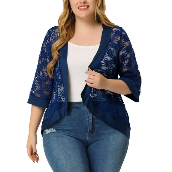 Agnes Orinda Women's Plus Size Valentines Day Lace Crochet Cardigan Casual 3/4 Sleeves Sheer Lightweight Summer Cover Up 1X Blue