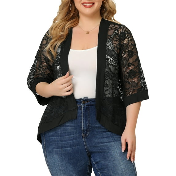 Agnes Orinda Women's Plus Size Valentines Day Lace Crochet Cardigan Casual 3/4 Sleeves Sheer Lightweight Summer Cover Up 2X Black