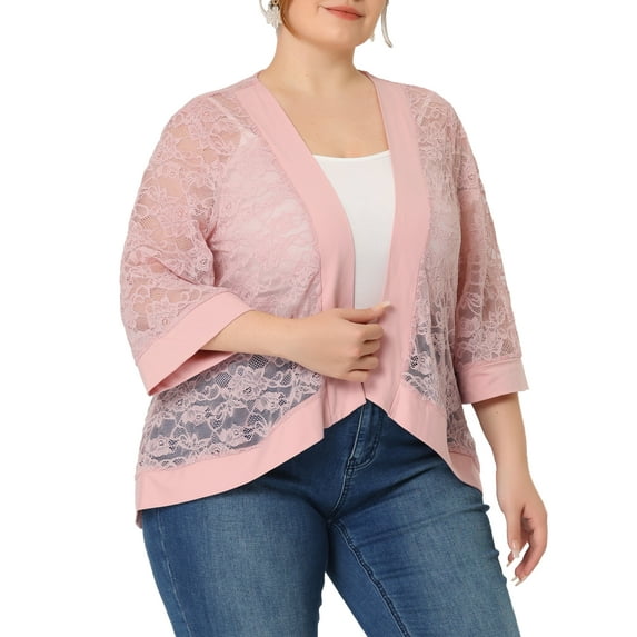 Agnes Orinda Women's Plus Size Valentines Day Lace Crochet Cardigan Casual 3/4 Sleeves Sheer Lightweight Summer Cover Up 2X Pink