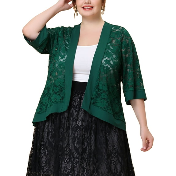 Agnes Orinda Women's Plus Size Lace Crochet Cardigan Casual 3/4 Sleeve Sheer Lightweight Summer Cover Up 3X Green