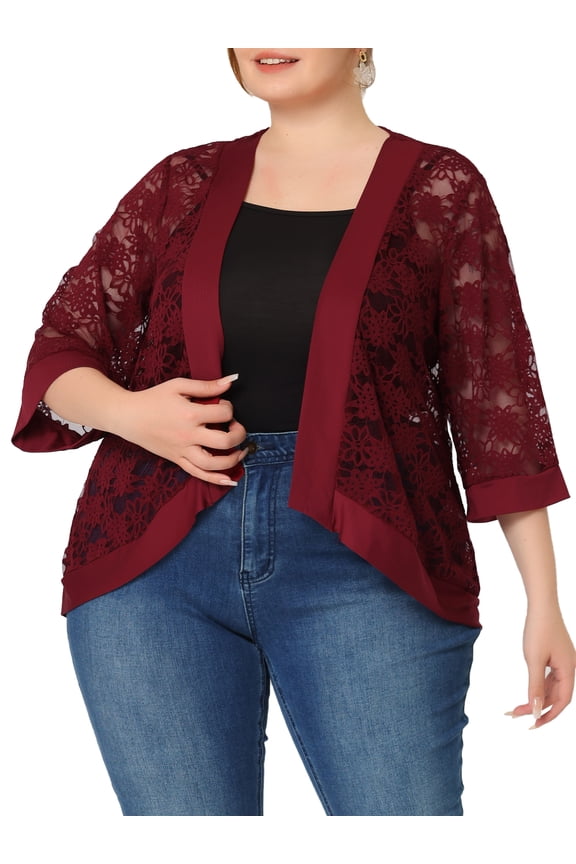 Women's Plus Size Cardigan Lace Crochet 3/4 Sleeves Lightweight Sheer Summer Cover Up 4X Burgundy