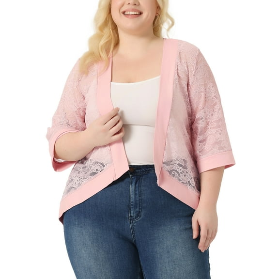 Agnes Orinda Women's Plus Size Valentines Day Lace Crochet Cardigan Casual 3/4 Sleeves Sheer Lightweight Summer Cover Up 4X Light Pink