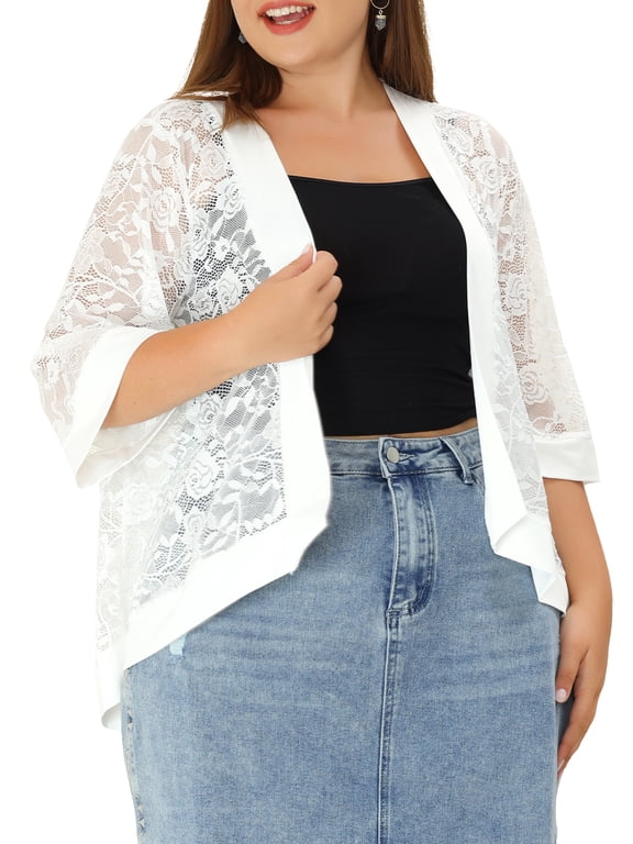 Women's Plus Size Cardigan Lace Crochet 3/4 Sleeves Lightweight Sheer Summer Cover Up 4X White