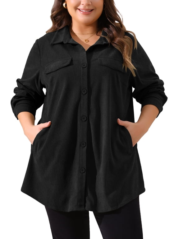 Plus Size Women's Corduroy Shirts Long Sleeve Button Down with Pocket Long Shackets Jacket 3X Black