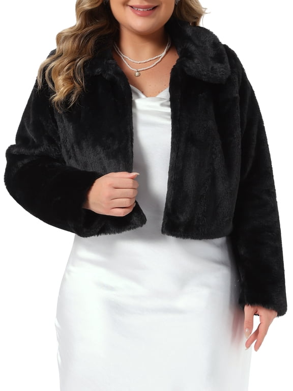 Women's Plus Size Cropped Faux Fur Jacket Lapel Collar Open Front Long Sleeve Soft Fluffy Coat Warm Elegant Wedding Outerwear 1X Black