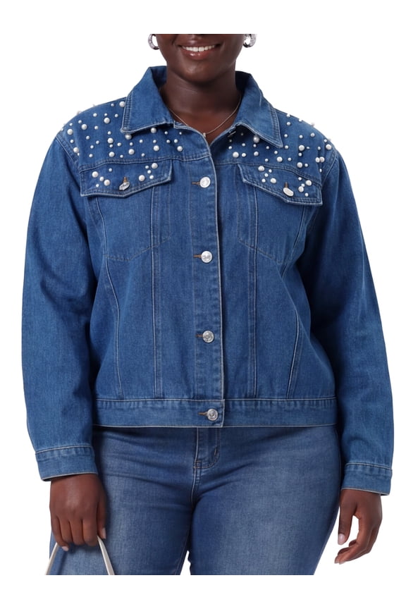 Women's Plus Size Cropped Denim Jacket Long Sleeve Pearl Embroidered Button Down Jean Coat with Pockets 4X Blue