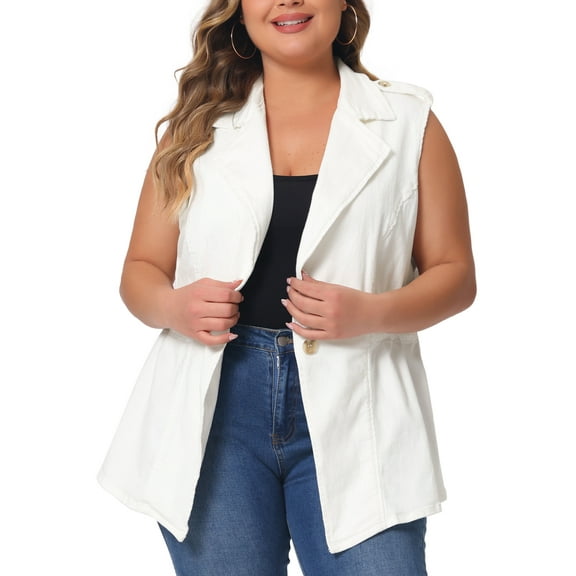 Agnes Orinda Plus Size Women's Denim Jacket Sleeveless Waistline Notched Lapel Button Denim Vests