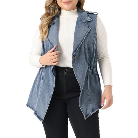 Agnes Orinda Plus Size Women's Denim Jacket Sleeveless Waistline Notched Lapel Button Denim Vests