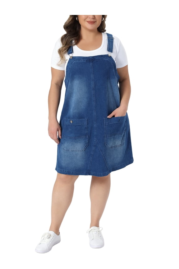 Women's Plus Size Denim Overalls Dress Adjustable Strap Bib Suspender Summer Casual Midi Jeans Dresses with Pockets 2X Blue