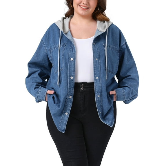 Agnes Orinda Women's Plus Size Denim Shacket Jacket Color Block Hooded Button Down Long Sleeve Jeans Shirt Jackets with Pockets 4X Blue