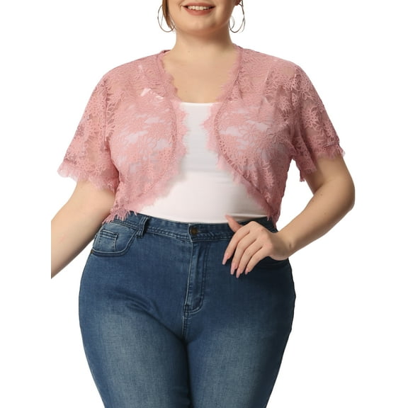 Agnes Orinda Plus Size Women's Elegant Short Sleeve Sheer Floral Lace Bolero Shrug Top 3X Pink