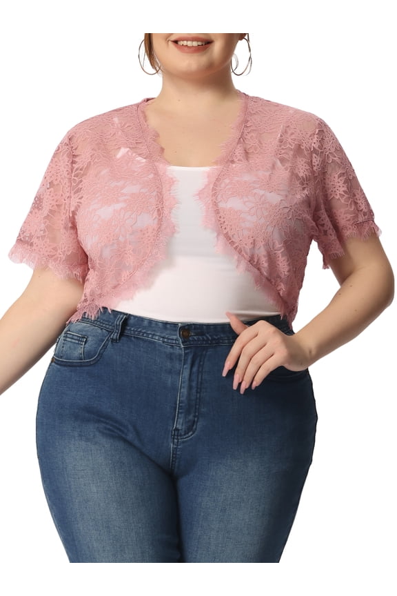 Plus Size Women's Elegant Short Sleeve Sheer Floral Lace Bolero Shrug Top 4X Pink