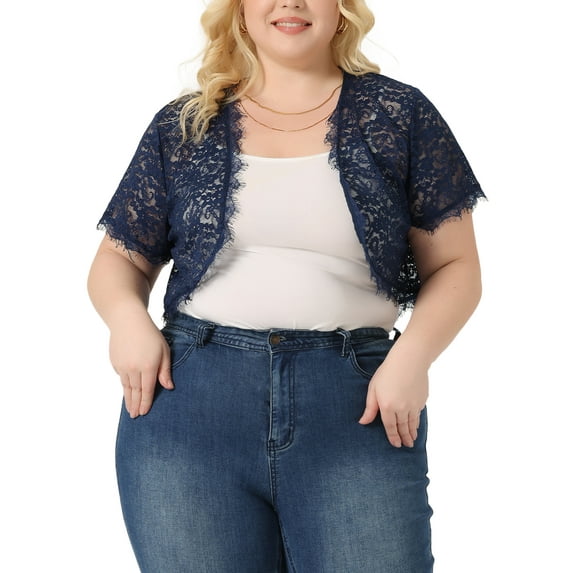 Agnes Orinda Plus Size Women's Elegant Short Sleeve Sheer Floral Lace Bolero Shrug Top 4X Royal Blue