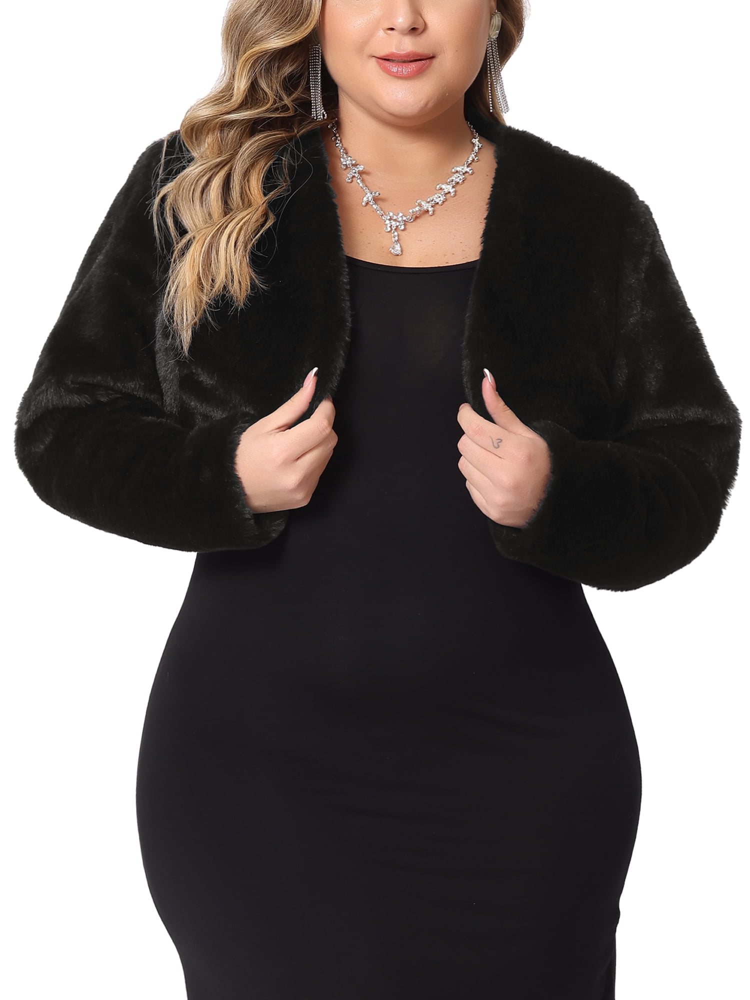 Agnes Orinda Plus Size Women's Faux Fur Bolero Shrugs Open Front Long Sleeves Bolero Jacket