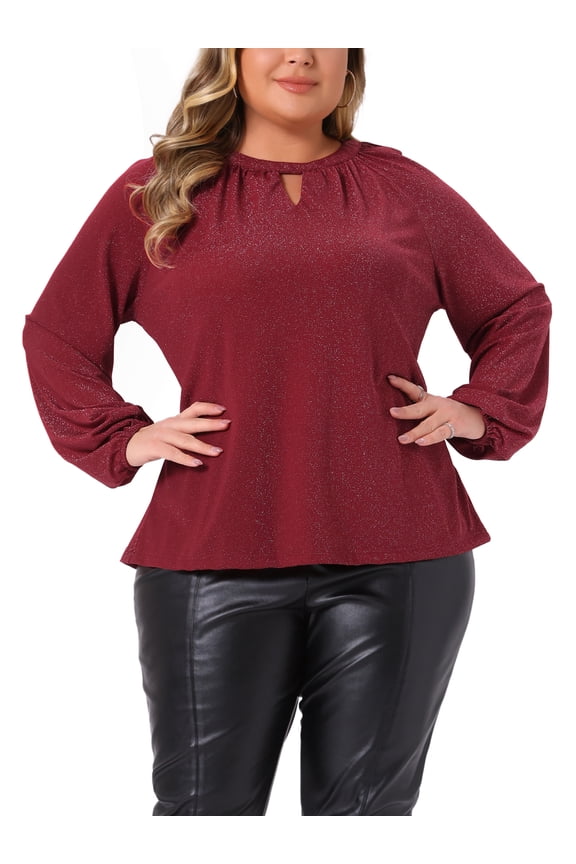 Women's Plus Size St. Patrick's Day Glitter Tops Sparkle Keyhole V Neck Long Sleeve Cocktail Dressy Blouses Pleated T-Shirts 2X Burgundy