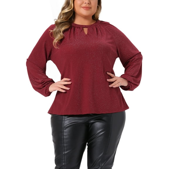 Agnes Orinda Plus Size Women's Glitter Tops Sparkle Keyhole V Neck Long Sleeve Cocktail Dressy Blouses Pleated T-Shirts 3X Burgundy
