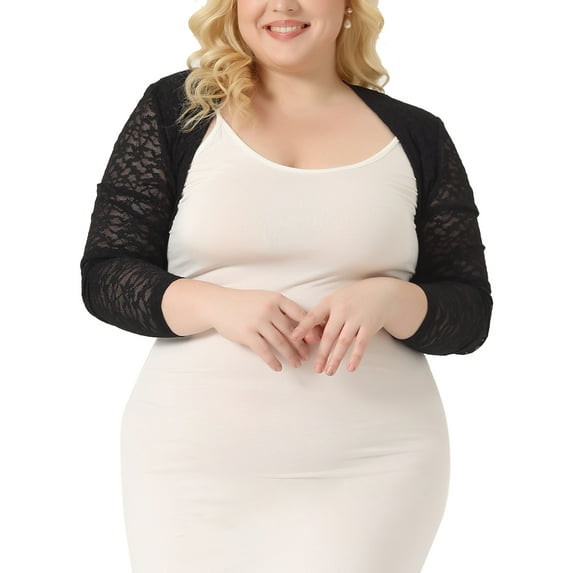 Agnes Orinda Plus Size Women's Loose Casual Cover Up Sheer Open Front Cropped Lace Cardigan