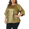 thumbnail image 1 of Agnes Orinda Women's Plus Size Metallic Sparkly Tops Crew Neck 3/4 Sleeve Shirts Casual Patry Tunic Blouses 1X Gold, 1 of 6