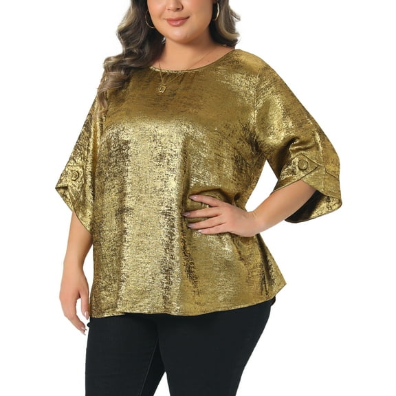 Agnes Orinda Women's Plus Size Metallic Sparkly Tops Crew Neck 3/4 Sleeve Shirts Casual Patry Tunic Blouses 3X Gold