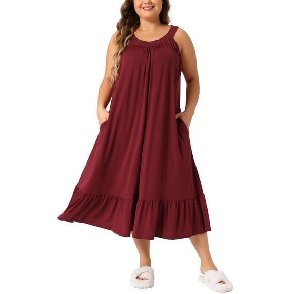 Agnes Orinda Women's Plus Size Valentines Day Nightgown Sleeveless Wide Strap Pleated Nightdress Chemise Sleepwear 1X Wine Red
