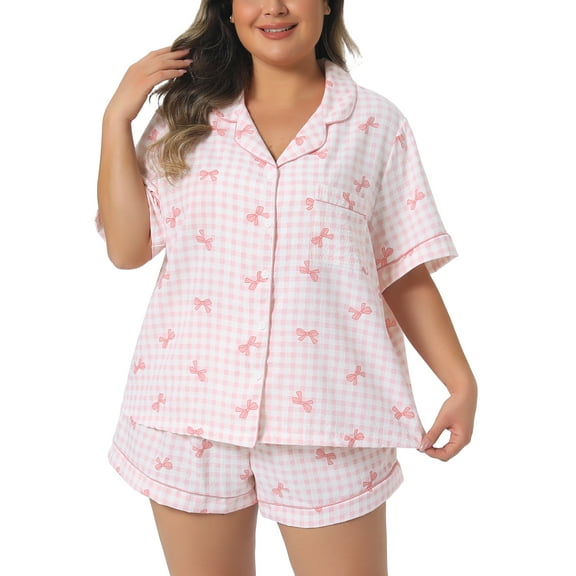 Agnes Orinda Women's Plus Size Valentines Day Pajama Sets Short Sleeve Button Shirt and Boxer Shorts Bow Plaid Patterns Lounge Comfy Sleepwear Sets with Pocket 3X Pink
