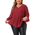 thumbnail image 1 of Agnes Orinda Women's Plus Size Tops V Neck Ruffle 3/4 Sleeve Double Layers Loose Fit Mesh Tunic Blouses 1X Burgundy, 1 of 6