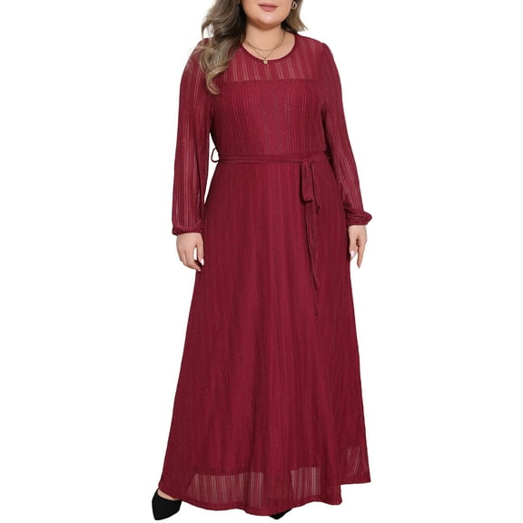 Agnes Orinda Women's Plus Size Valentines Day Formal Dress Sparkly Mesh Crew Neck Lantern Sleeve Cocktail Evening Gown Wedding Maxi Dresses with Belt L Burgundy