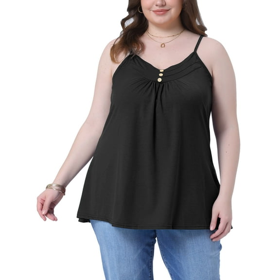 Agnes Orinda Women's Plus Size Tank Tops Pleated Button Decor V Neck Spaghetti Straps Summer Casual Camisoles Cami Top 1X Black