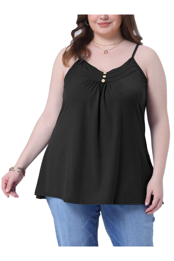 Women's Plus Size Tank Tops Pleated Button Decor V Neck Spaghetti Straps Summer Casual Camisoles Cami Top 1X Black