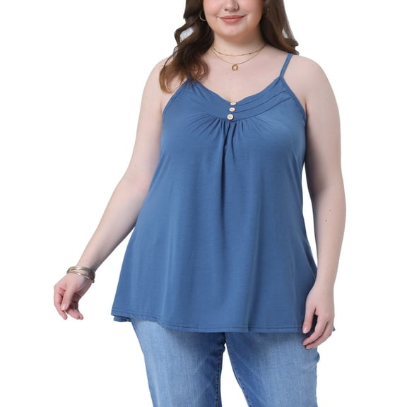 Agnes Orinda Women's Plus Size Tank Tops Pleated Button Decor V Neck Spaghetti Straps Summer Casual Camisoles Cami Top 1X Blue