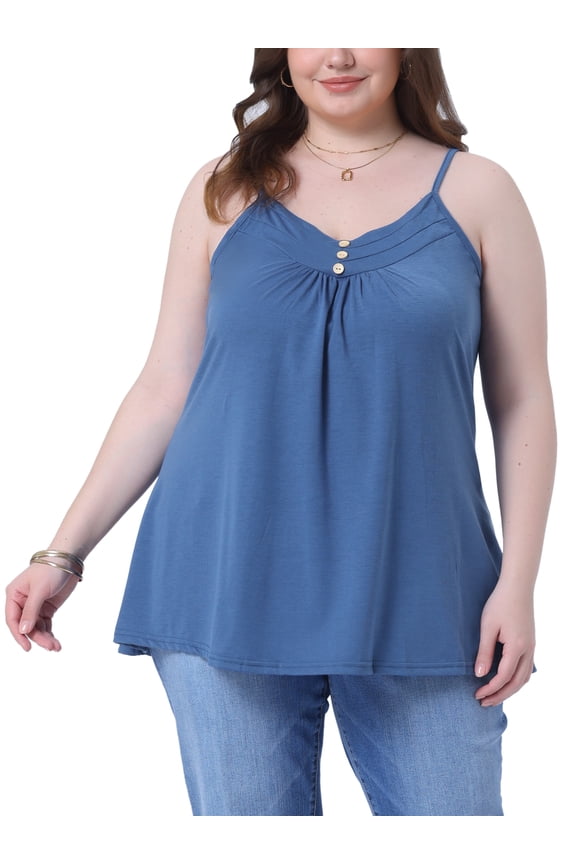 Women's Plus Size Tank Tops Pleated Button Decor V Neck Spaghetti Straps Summer Casual Camisoles Cami Top 2X Blue