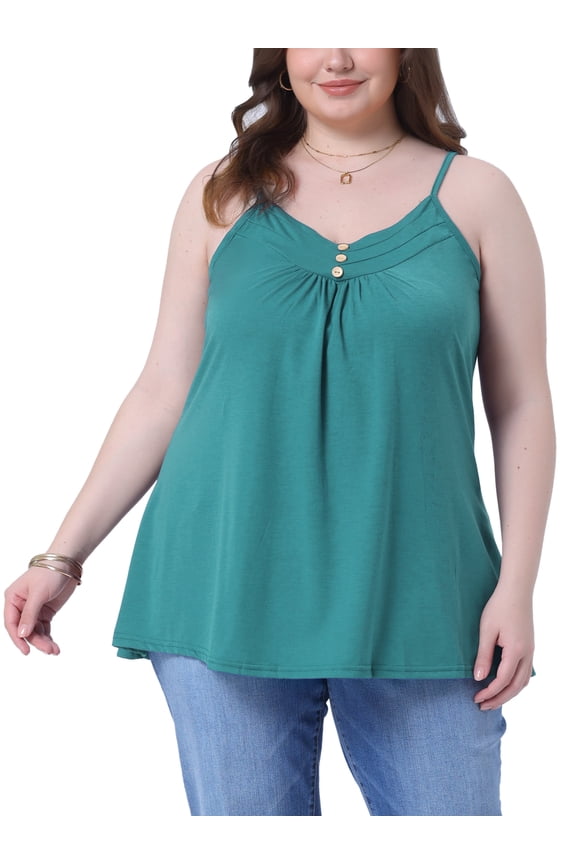 Women's Plus Size Tank Tops Pleated Button Decor V Neck Spaghetti Straps Summer Casual Camisoles Cami Top 2X Green