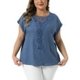 thumbnail image 1 of Agnes Orinda Women's Plus Size Tops Boho Embroidery Lace V Neck Crochet Short Sleeve Summer Blouse 1X Blue, 1 of 6