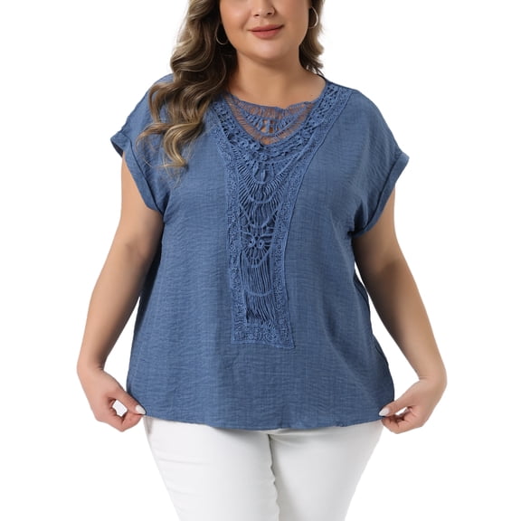 Agnes Orinda Women's Plus Size Tops Boho Embroidery Lace V Neck Crochet Short Sleeve Summer Blouse 1X Blue