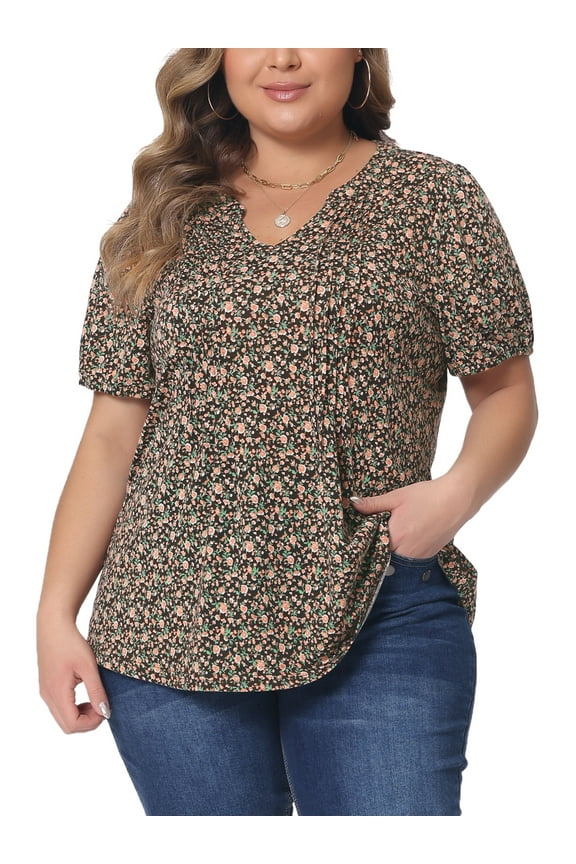 Women's Plus Size Floral Printed Tops Notched V Neck Short Sleeves Casual Summer Blouses 3X Brown
