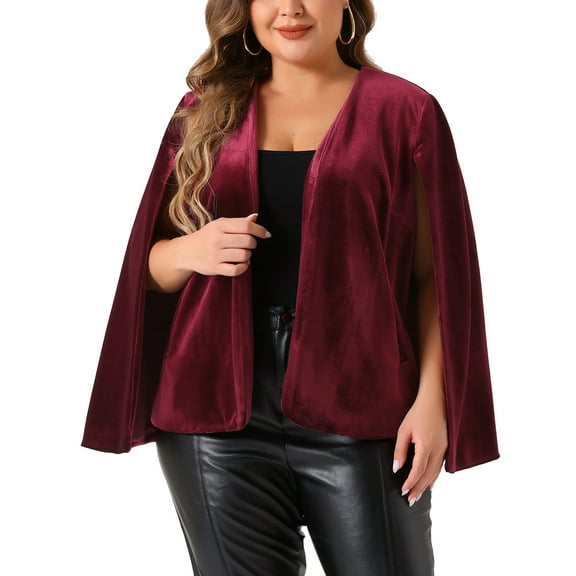 Agnes Orinda Plus Size Women's Velvet Cape Blazer Jackets Casual Split Long Sleeve Open Front Coat